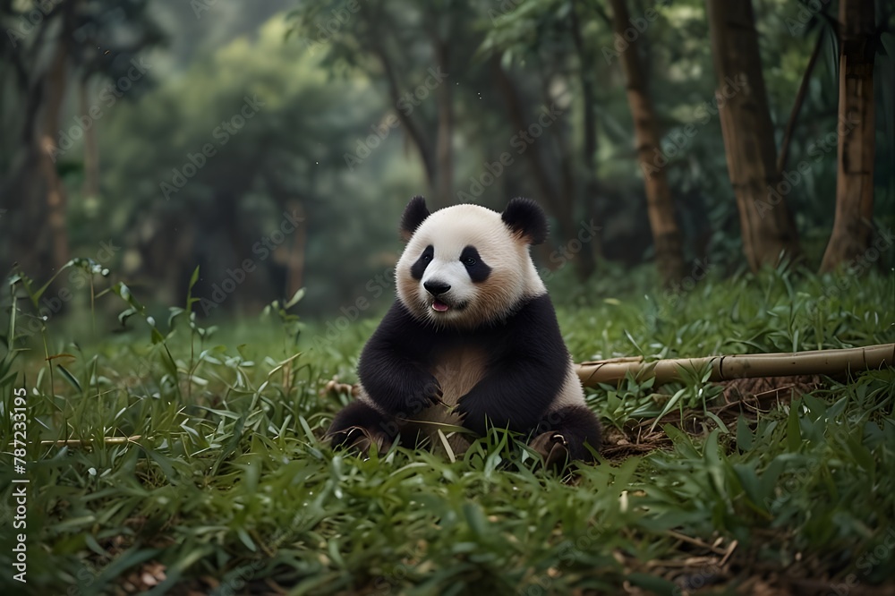 Cute baby panda eating bamboo in the forest, AI generated image. - obrazy, fototapety, plakaty 