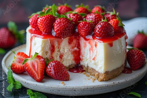 A sumptuous strawberry cheesecake oozing with red sauce and surrounded by fresh strawberries