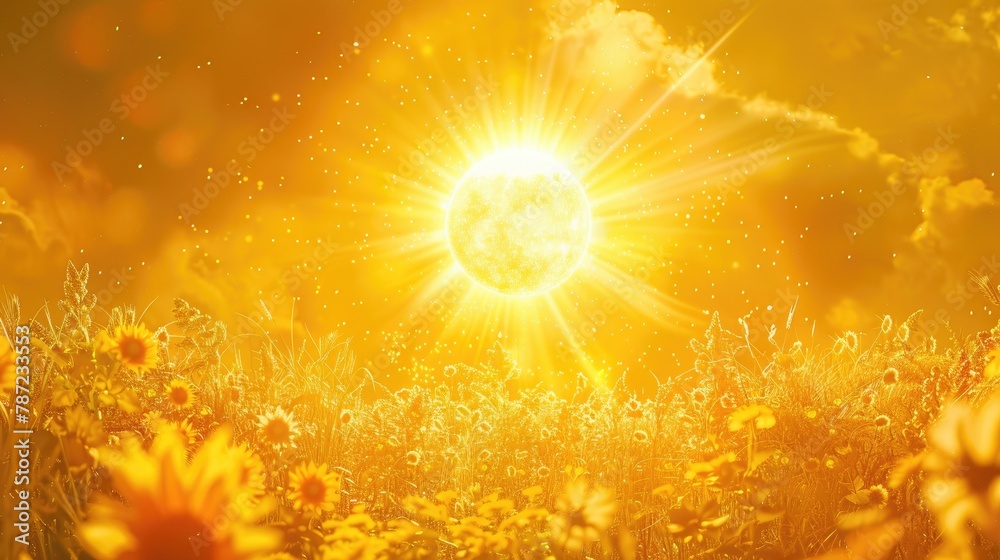 Symbolic representation of the sun with a vibrant yellow backdrop and simulated sun rays cascading Symbolic representation of the sun with a vibrant yellow backdrop and simulated sun rays cascading