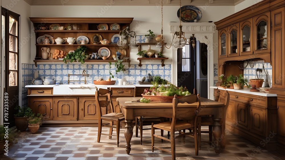 Plan a charming Italian Renaissance kitchen with marble countertops, hand-painted ceramic tiles, and an antique farmhouse table for family gatherings