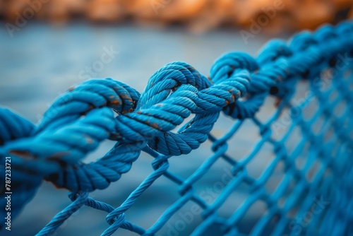 This image shows a close-up of symmetrically tied knots in blue ropes, highlighting their texture and patterns