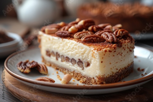 Close-up shot of a slice of pecan cheesecake with a crumbly base, topped with whole pecans, served on a plate Perfect for dessert menu promotions
