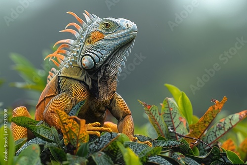 Stunning iguana covered in morning dew  set against a lush  natural background suggesting a refreshing start to the day