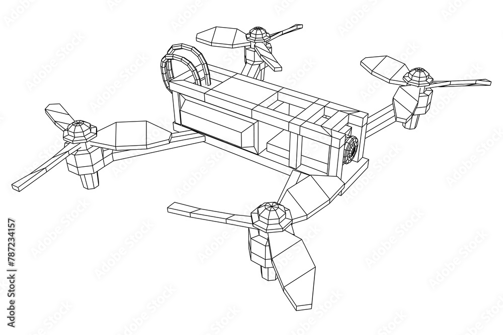Fototapeta premium FPV Drone Racing freestyle sport flight. Hobby toys. Wireframe low poly mesh vector illustration.