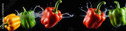 Multi-colored bell peppers fall into the water. Vegetables on black background, pepper, paprika. Fresh vegetables splashing in splashes of clean water, healthy eating concept.