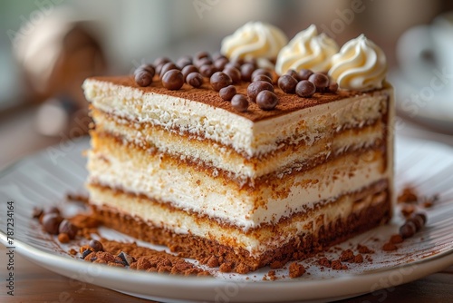 Mouthwatering tiramisu cake adorned with crunchy chocolate balls and cocoa powder  epitomizing a sweet heavenly delight