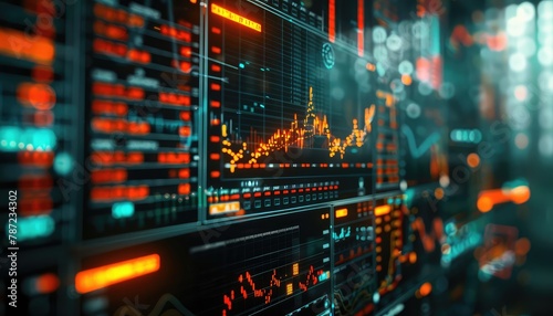 Turbulent Trading Screens, Capture close-up shots of computer screens displaying fluctuating stock prices, trading charts, and market indices to depict the dynamic nature of financial markets during p
