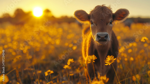 Embrace rural serenity with a single cow basking in the golden countryside light