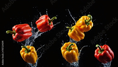 Multi-colored bell peppers fall into the water. Vegetables on black background, pepper, paprika. Fresh vegetables splashing in splashes of clean water, healthy eating concept.