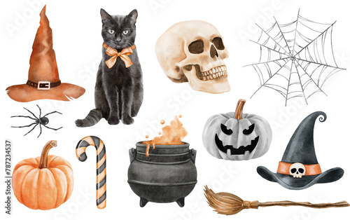 watercolor halloween set of isolated hats, bats and pumpkins on the white background