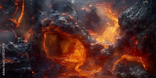 A breathtaking scene depicting molten lava flowing through a harsh and craggy volcanic landscape photo