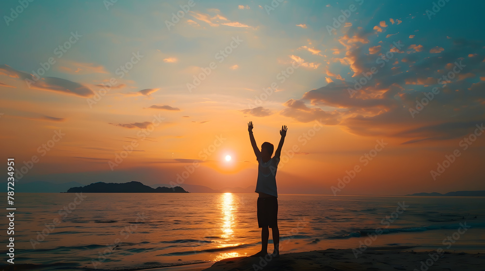 Copy space of man rise hand up on sunset sky at beach and island background Freedom and travel adventure concept Vintage tone filter effect color style : Generative AI