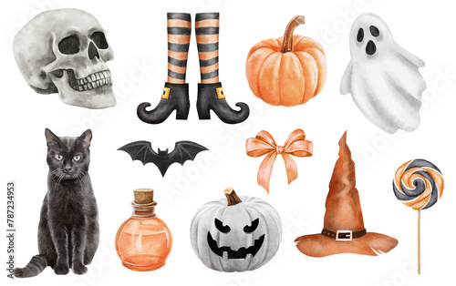 watercolor halloween set of isolated hats, bats and pumpkins on the white background