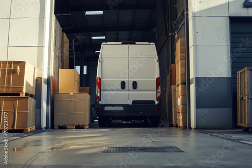Delivery van loaded with cardboard boxes at logistics warehouse. Truck delivering boxes, online orders, purchases, e-commerce goods
