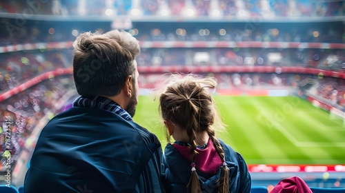 A father and daughter attending a live football match at a stadium and fueling the child's ambition to become a player © apirom