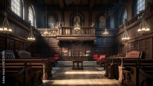 Plan a historic courtroom with dark wood paneling  a judge s bench  and rows of spectator seating