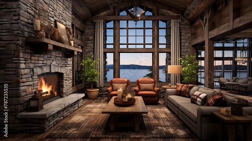 Plan a rustic lakeside retreat with weathered wood paneling and stone fireplace