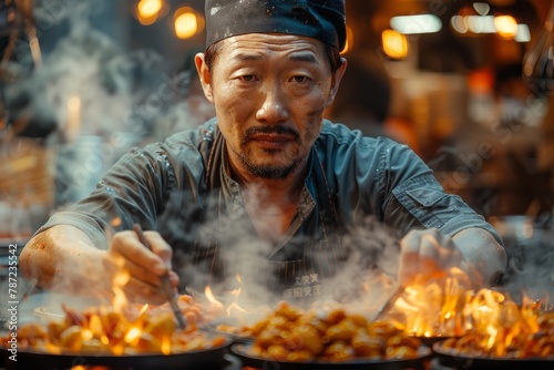 A street chef passionately cooks over flames at a night market, capturing the essence of street food culture photo