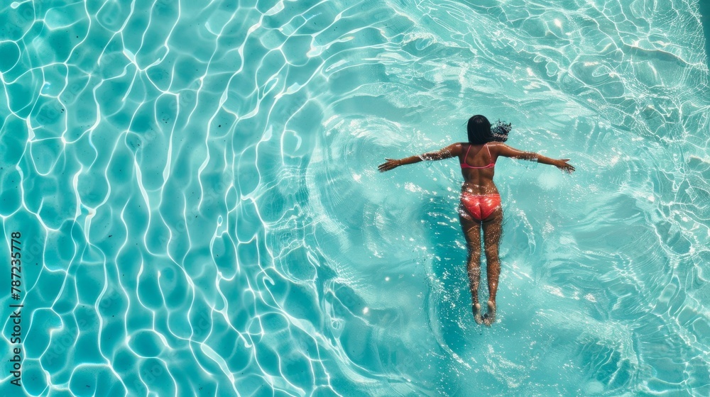 A black woman in a striking swimsuit glides through the crystal-clear pool water