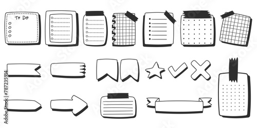 Paper sheets sticker collection in comics style, doodle black and white memo stickers. Creative journaling and note-taking illustration. Hand drawn vector elements set.