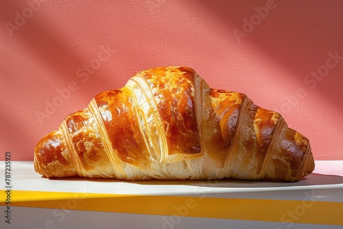 Croissant on pink background, showcase of trendy bakers or coffee shop. Generative AI