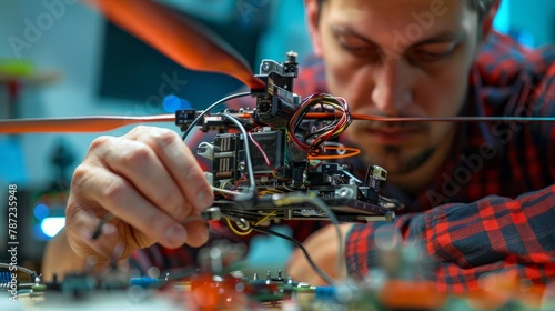 A man intricately works on assembling a small robot, focusing on internal components like circuit boards and wires