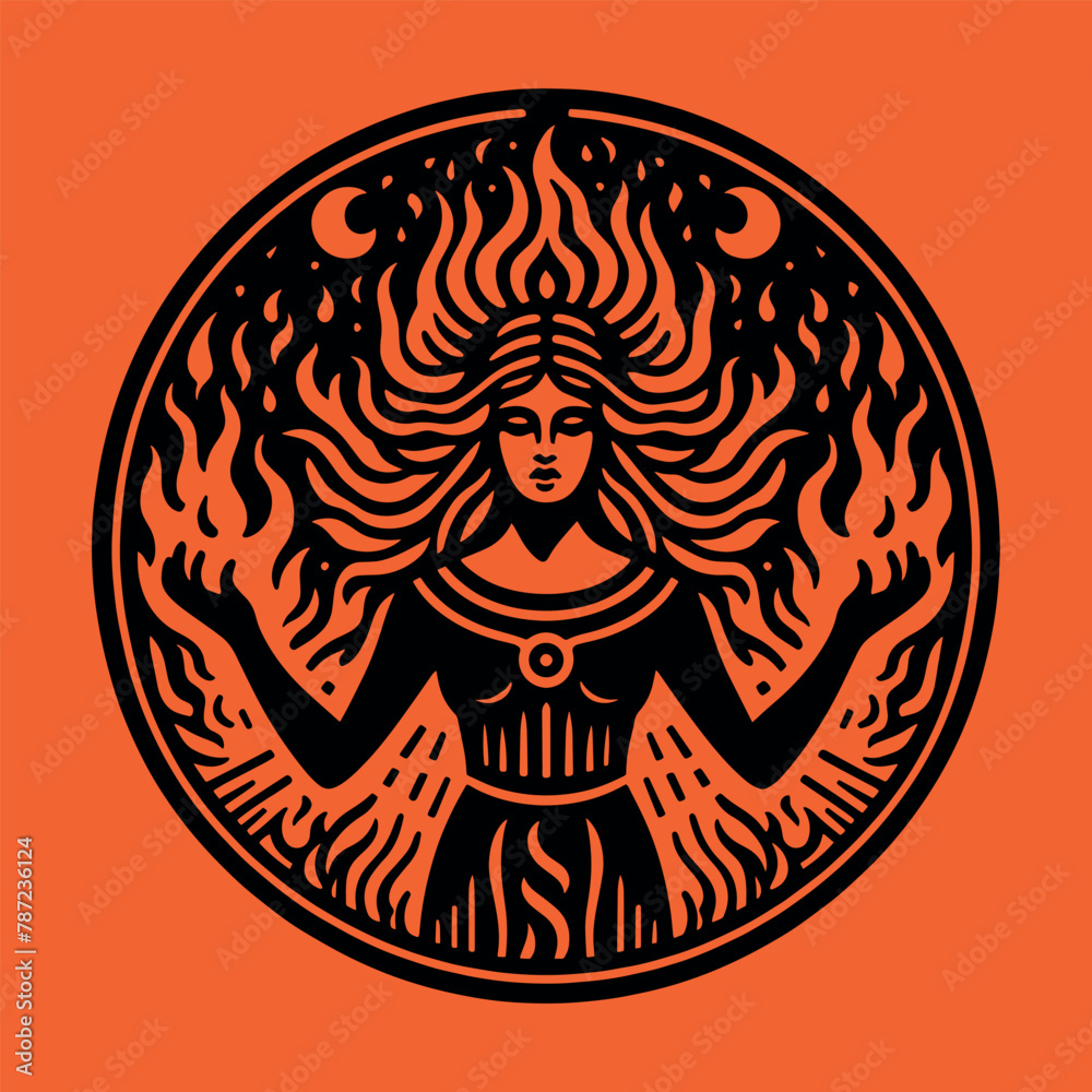 Mythical goddess of fire. Beautiful engraving illustration, emblem, icon, logo