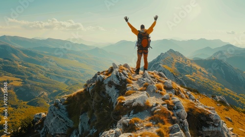 A hiker standing on top of a mountain with arms raised in a triumphant gesture of victory