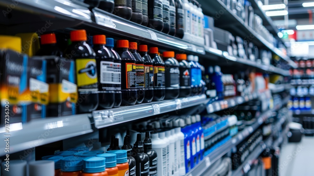 Shelves in an automotive store are packed with a wide variety of liquid bottles