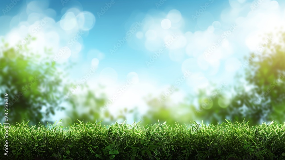 Blurred sunny spring meadow with defocused bokeh on gradient from blue sky to green grass