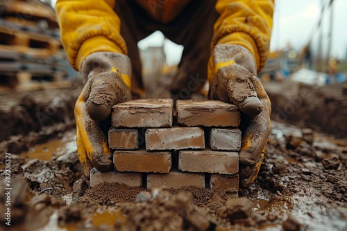 Skilled worker's hands carefully placing bricks in a developing construction site with dedication to craftsmanship