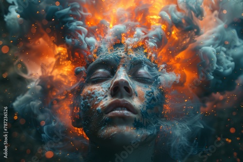 Intense emotional imagery of a head ablaze, symbolizing internal conflict or passion, against a calming blue background