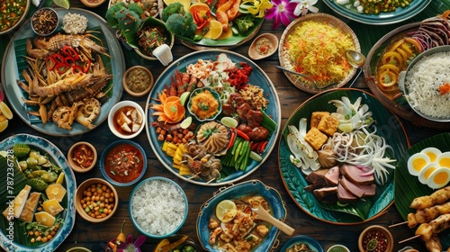 A table overflowing with a colorful assortment of dishes, showcasing a variety of different types of food