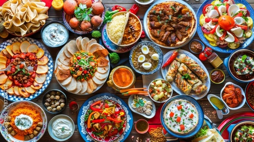 A table covered with a variety of different types of food items, showcasing a colorful assortment of dishes
