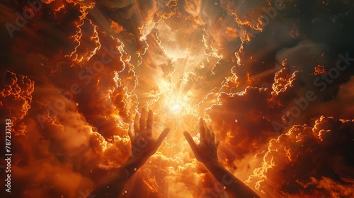 Painting of hands reaching out to the heavens with clouds and light