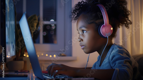 Cute black little girl with wireless headphones using laptop at home sitting on window and looking at screen typing on computer keyboard playing video games on computer copy space : Generative AI photo