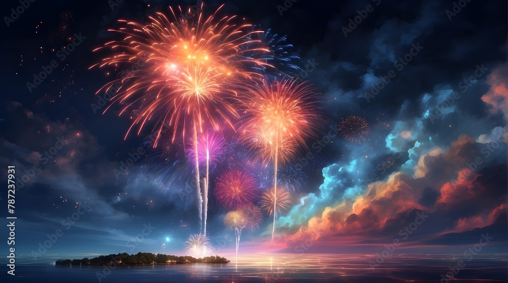 The sky is illuminated by fireworks in a stunning display of color and light. The ideal method to commemorate any momentous occasion.