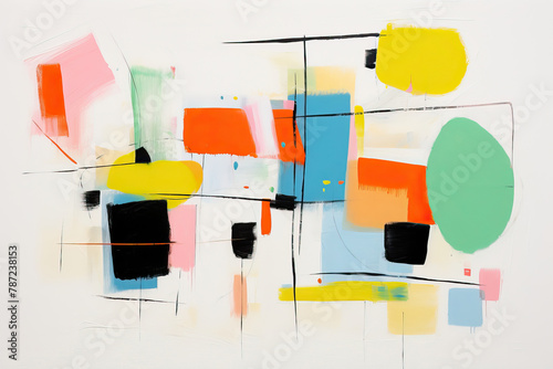 Abstract oil painting, white background with simple geometric colorful shapes, thick lines, simple shapes