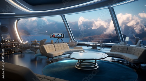 Plan a virtual space station lounge with anti-gravity seating and panoramic views of Earth