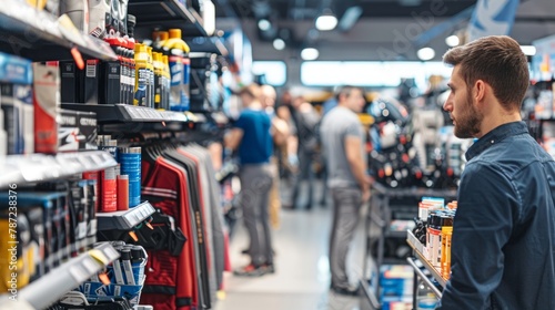 A man examining items on shelves in a busy automotive store filled with various car products