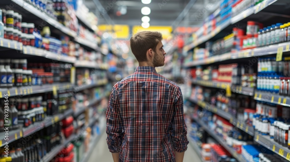 A man standing in a grocery store aisle dedicated to auto parts, focused intently