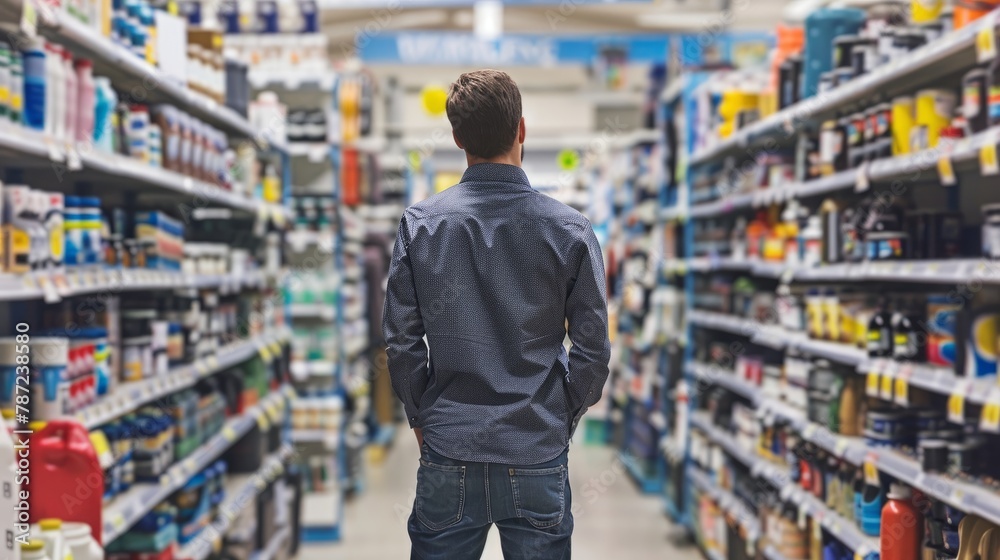 A man stands in the auto parts aisle of a grocery store, intently focused on something in front of him
