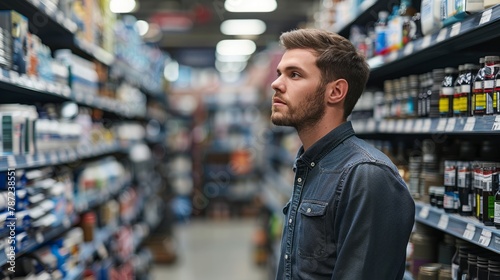 A man stands in an auto parts store aisle, focusing intently on the products around him. The over-the-shoulder perspective captures his presence in the store