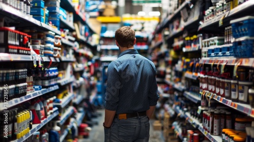 A man standing in a store aisle dedicated to auto parts, gazing intently at the products on display