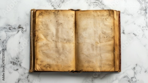 Old opened book with blank pages on white marble background. Top view. Mockup old book