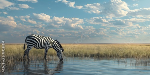 Serene image of a zebra quenching its thirst at a waterhole on the African savannah photo
