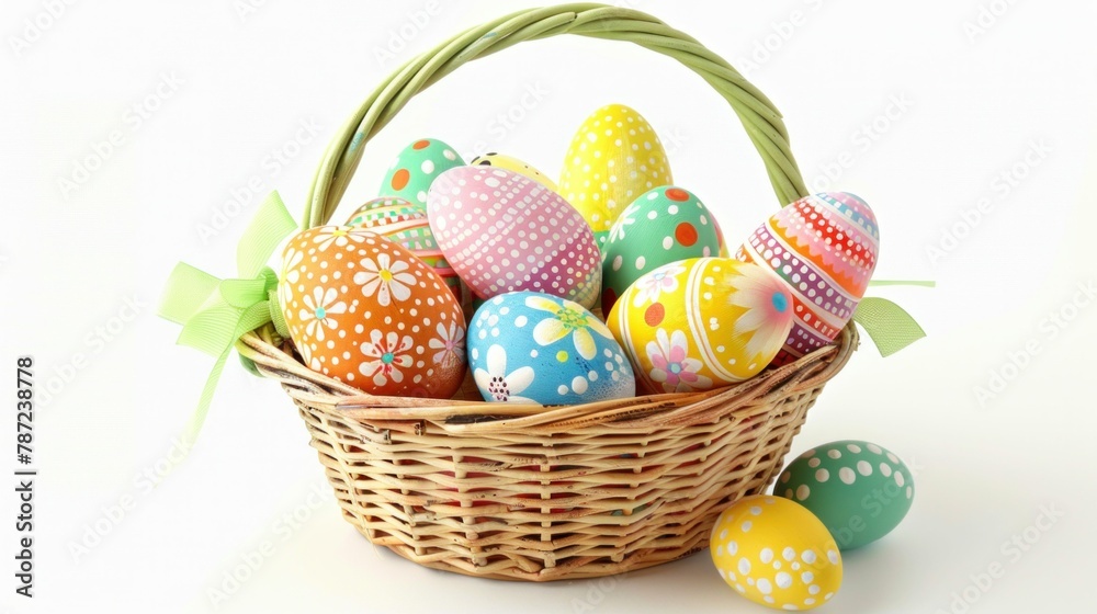 Vibrant Easter eggs in basket with green ribbon isolated on white background for spring holiday celebration concept Vibrant Easter eggs in basket with green ribbon isolated on white background for spring holiday celebration concept