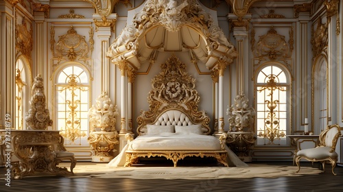 Regal Baroque Bedroom:  a lavish baroque-style bedroom with intricate carvings, rich brocade fabrics, and a canopy bed draped in luxurious textiles, epitomizing the extravagance of the Baroque period
 photo