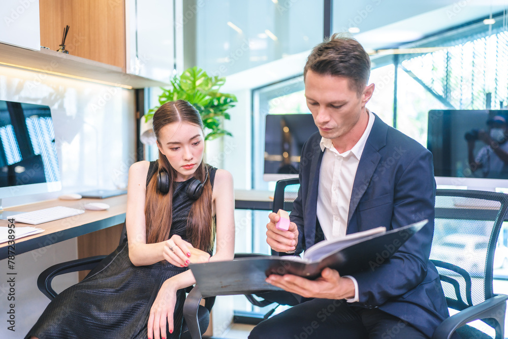 Fototapeta premium professional businessman and businesswoman colleague group working together in business teamwork brainstorming in office, corporate team person meeting discussion on project company workplace