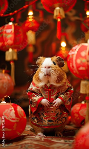 A guinea pig dressed in traditional attire stands among red Chinese lanterns